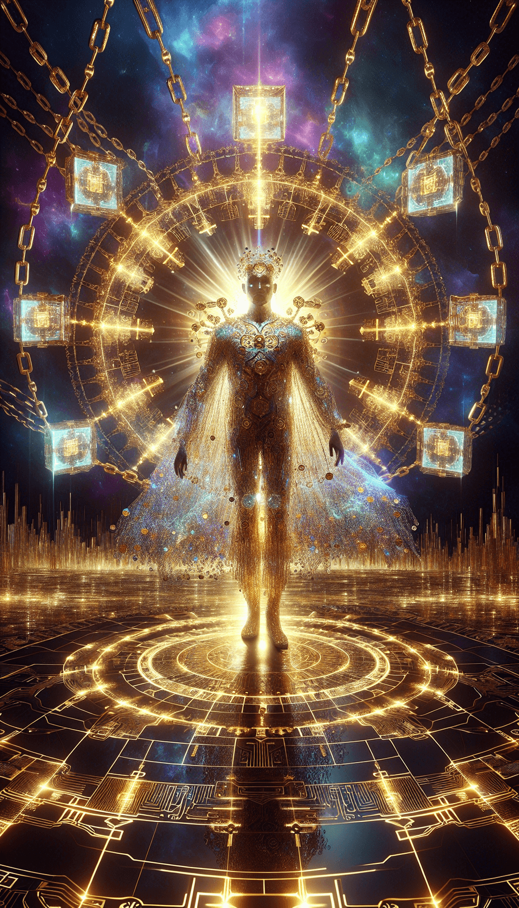 Envision a majestic figure standing at the heart of a sprawling digital cosmos, embodying the transformative power and sovereignty of Bitcoin. This character, named "Bit," transcends mere human form, presenting as a deity of the digital age, a god of decentralized finance and technological innovation. "Bit" is draped in garments that shimmer with an otherworldly glow, blending ethereal elegance with the aesthetic of cutting-edge technology. The fabric of their attire seems to be woven from the very essence of digital data, adorned with motifs of circuitry and binary code, glowing with the luster of liquid gold. Dominating "Bit's" divine appearance is a magnificent golden chain, each link forged from the symbolic representation of blockchain blocks. This chain wraps around their form, not merely as adornment but as a profound emblem of blockchain's indomitable strength and connectivity. It radiates a brilliant light, casting patterns that resemble the interconnected network of a blockchain, signifying the unbreakable bond and transparency that the technology represents. "Bit" holds their hands aloft, from which emanates an aura of golden light, illuminating the cyberspace around them. In this light, visions of digital transactions and cryptographic sequences dance, symbolizing the seamless and secure exchange of information and value that Bitcoin enables. Their gaze is wise and penetrating, reflecting a deep understanding of both the potential and challenges of the digital age. The realm around "Bit" is a spectacular vista of cyberspace, where the physical and digital merge in harmony. Binary rain falls softly, blending into the ether, while digital landscapes stretch out into infinity, representing the boundless possibilities of the blockchain. Above all, "Bit" stands as a guardian and guide, a deity whose domain is the ever-expanding universe of digital finance, offering a vision of a future where freedom, equality, and security reign supreme in the world of decentralized currency