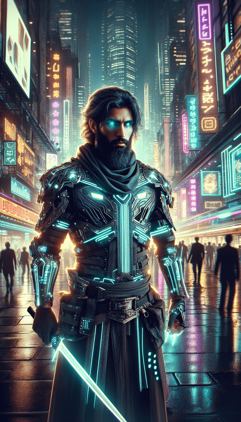 Imagine a character with the essence of a medieval monster hunter, now walking through the bustling streets of a neon-drenched, futuristic city. This character, inspired by the archetype of a seasoned warrior, is dressed in futuristic armor that combines elements of traditional combat readiness with high-tech flair. The armor is sleek, with LED lighting tracing its contours, providing an aura of otherworldly energy. The character carries advanced weaponry that echoes the design of medieval swords, but with a cybernetic twist, featuring glowing edges and intricate circuitry patterns. Their appearance is further enhanced with cybernetic enhancements visible around the eyes, giving them an enhanced, almost supernatural gaze that pierces through the neon glow of the city. The character's hair is styled to blend seamlessly into this world, with a modern yet timeless look that bridges their origins with their current surroundings. The backdrop is a vibrant cyberpunk city, alive with the hum of advanced technology and the glow of neon signs. Skyscrapers tower above, adorned with holographic displays and surrounded by flying vehicles. The atmosphere is thick with the promise of futuristic adventures and challenges, setting the stage for this character's journey through a world where technology and traditional heroism intertwine. The focus is on the seamless integration of a traditionally medieval character into the cyberpunk setting, highlighting their adaptation and the blending of genres to create a visually compelling narrative.