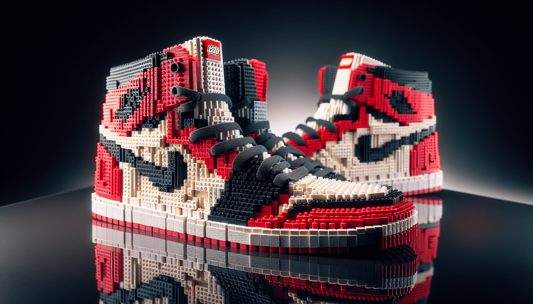 Imagine a highly detailed and meticulously crafted Nike Jordan sneaker, constructed entirely out of LEGO bricks, standing proudly as a testament to both sneaker culture and LEGO creativity. This LEGO masterpiece captures the iconic silhouette of the Jordan, featuring its classic high-top design. The LEGO bricks used range in colors to perfectly match the original sneaker's color scheme, with the primary palette being vivid reds, stark blacks, and pristine whites, mirroring a popular Jordan colorway. The sneaker's texture is cleverly replicated using LEGO pieces of various sizes, showcasing the sneaker's famous leather panels, the lace locks, and the unique perforations for breathability. Special attention is paid to the iconic 'Jumpman' logo, recreated with an intricate arrangement of smaller LEGO pieces in a contrasting color to stand out against the shoe's backdrop. The shoe rests on a sleek, flat surface, resembling a display stand, highlighting its status as a collectible piece. The background is intentionally blurred to ensure the focus remains on the LEGO Jordan's intricate details, from the tread pattern on the sole to the realistic curvature of the toe box, demonstrating an innovative blend of sneaker culture and LEGO craftsmanship.